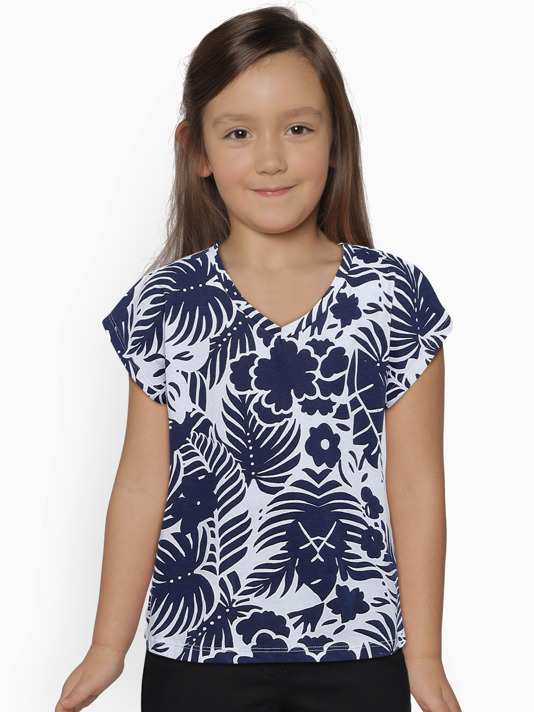 Pepe Jeans Girls White & Navy Blue Printed V-Neck T-shirt