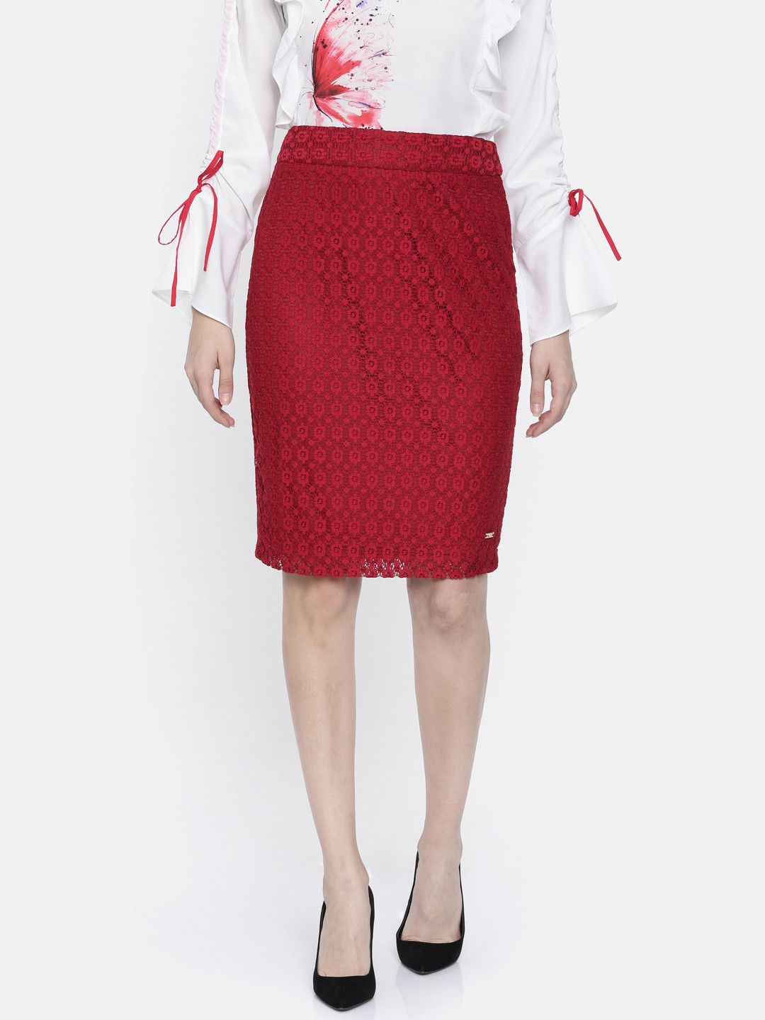 Park Avenue Woman Red Self Design Lace Pencil Skirt