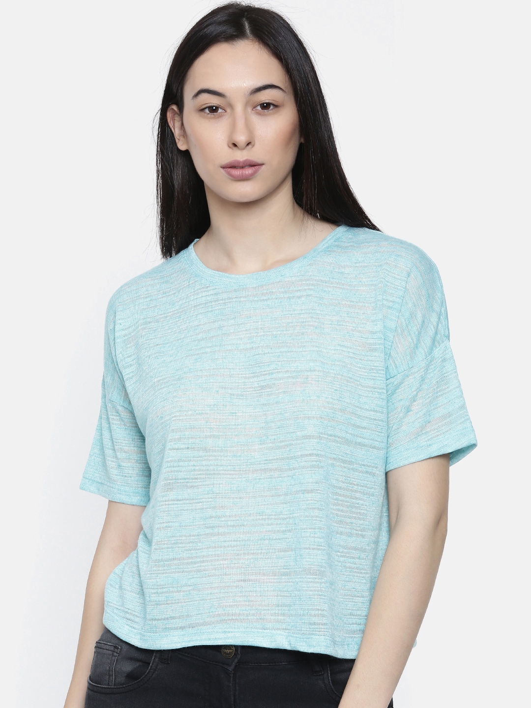 Park Avenue Woman Women Blue Solid Round Neck T shirt