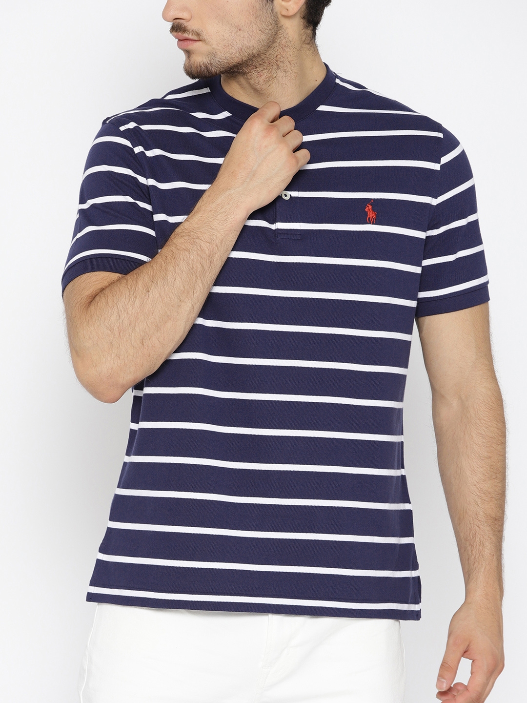 Buy Polo Ralph Lauren Men Navy Blue & White Striped Mandarin Collar T Shirt  - Tshirts for Men 9062687 | Myntra