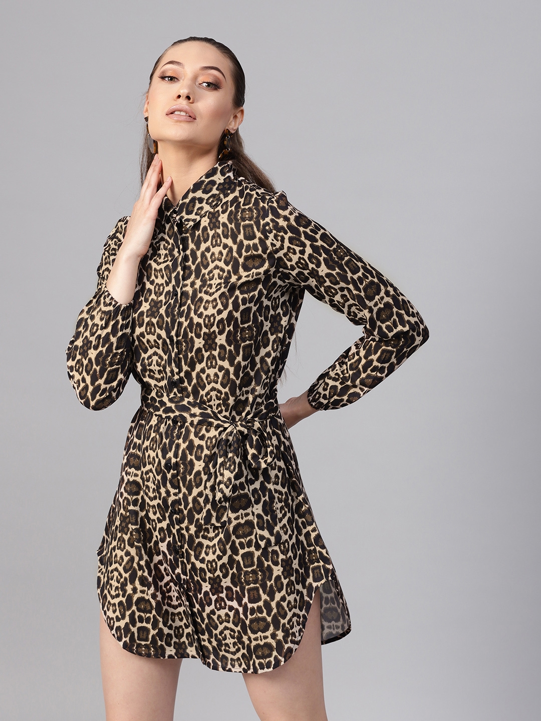 Buy SASSAFRAS Black & Beige Animal Print Mini Shirt Dress - Dresses for  Women 9069915 | Myntra