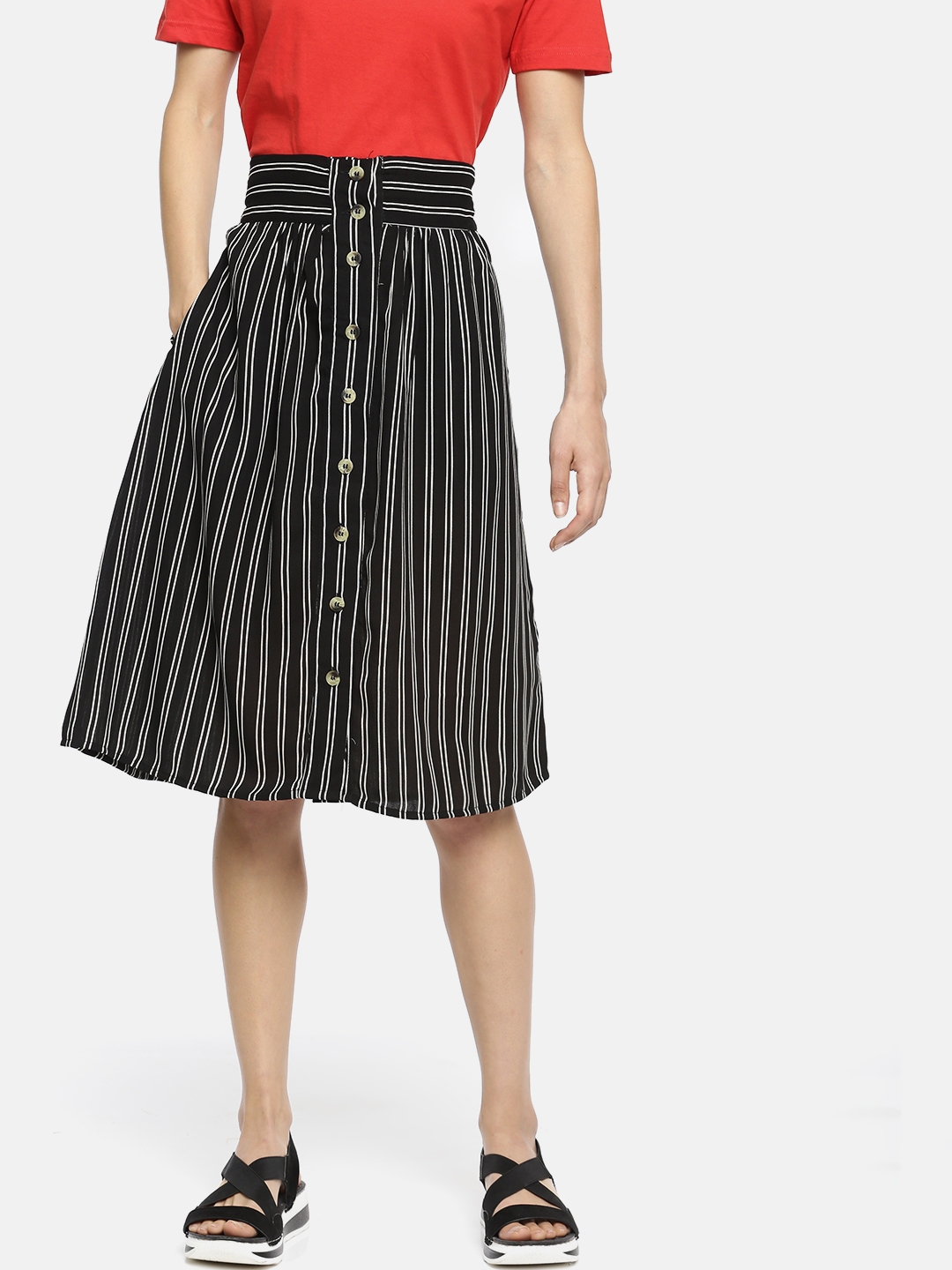 black and white striped a line skirt
