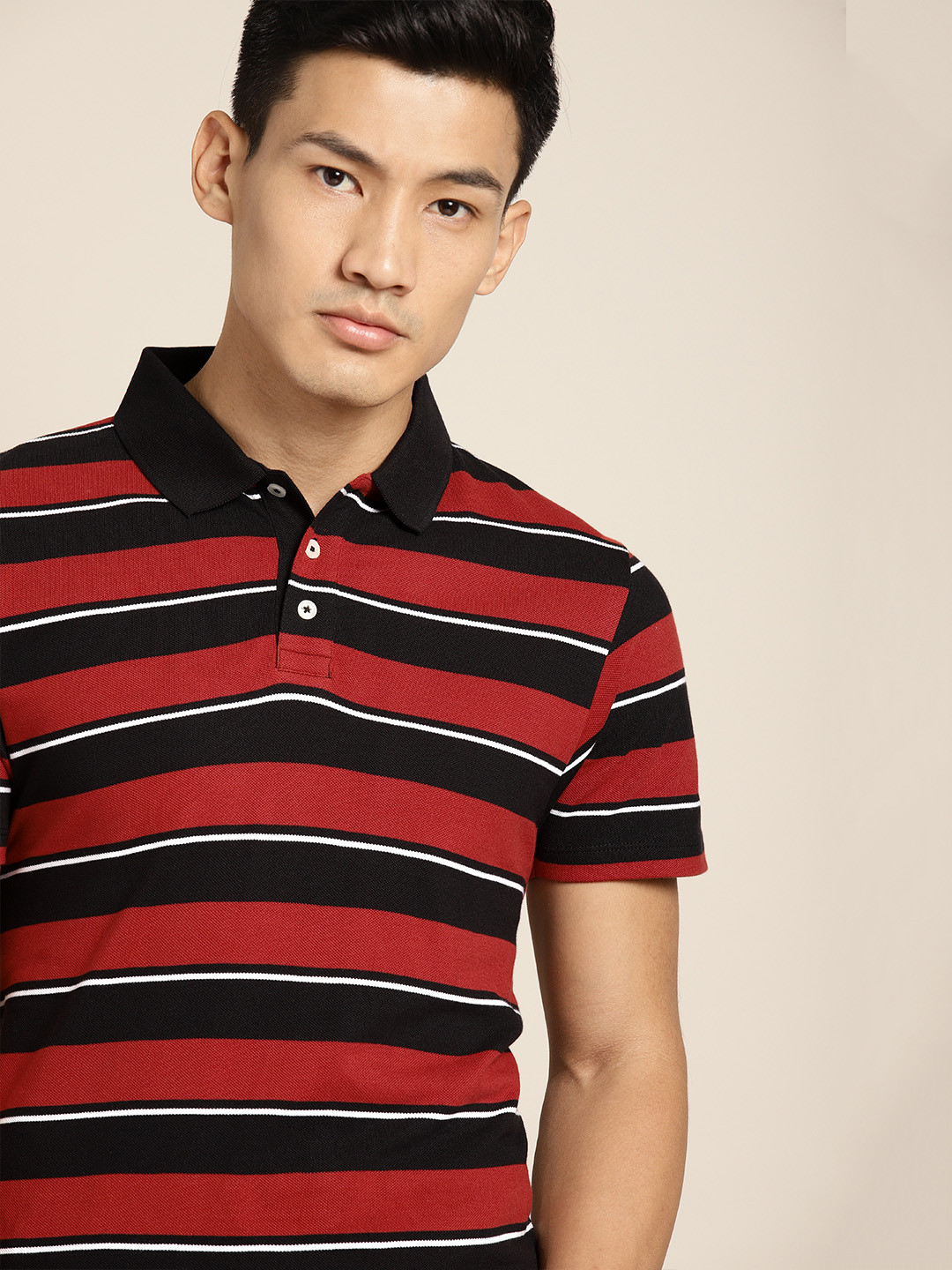 red and black striped polo
