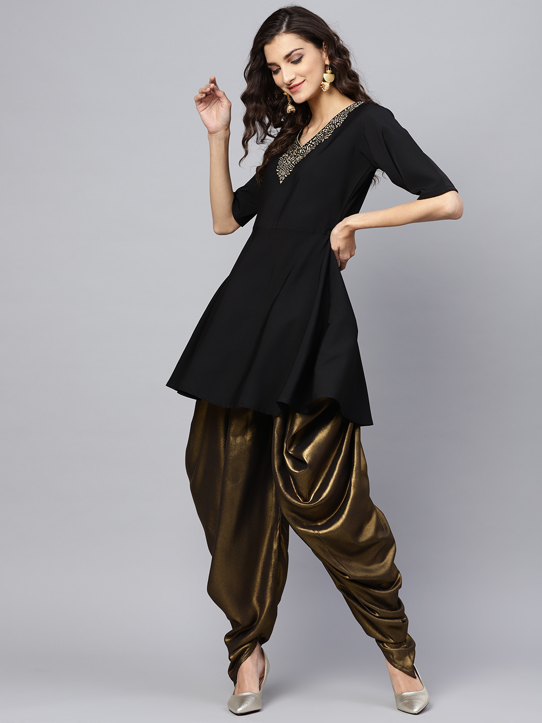 Ahalyaa Women Black & Golden Yoke Design Fusion Kurti with Dhoti Pants