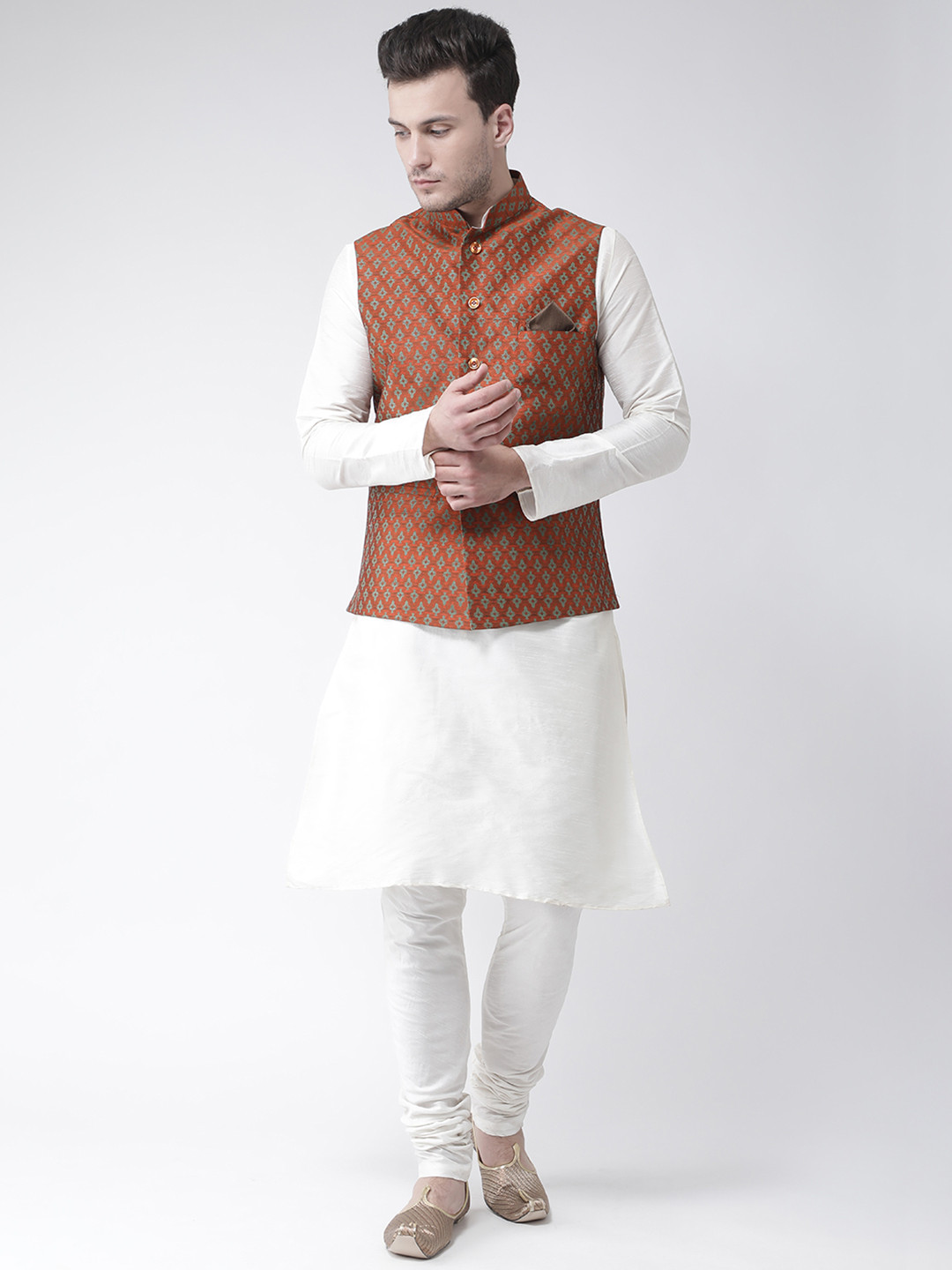 DEYANN Men White & Rust Orange Solid Kurta with Churidar & Nehru Jacket