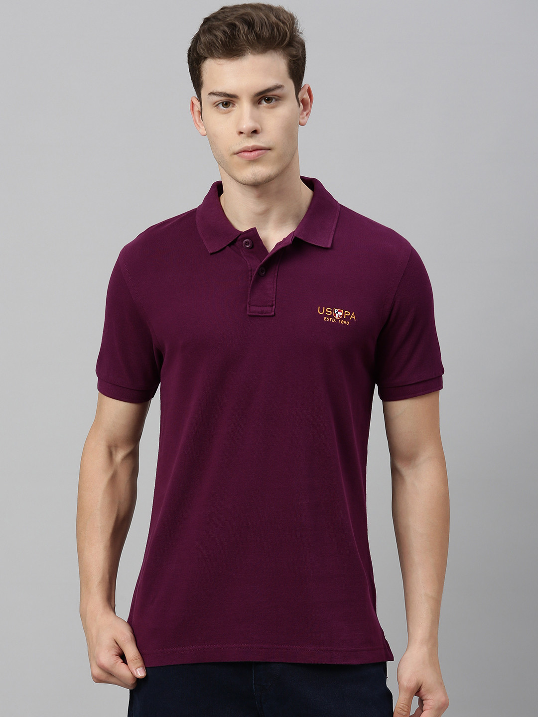 U.S. Polo Assn. Men Burgundy Solid Polo Collar Pure Cotton T-shirt
