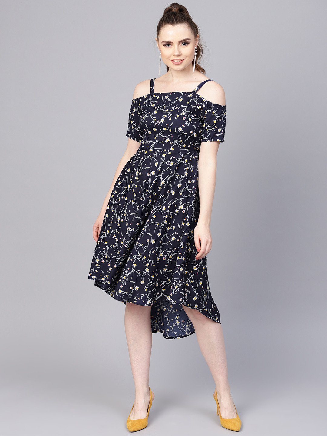 AASI - HOUSE OF NAYO Women Navy Blue Printed Midi Fit and Flare Dress