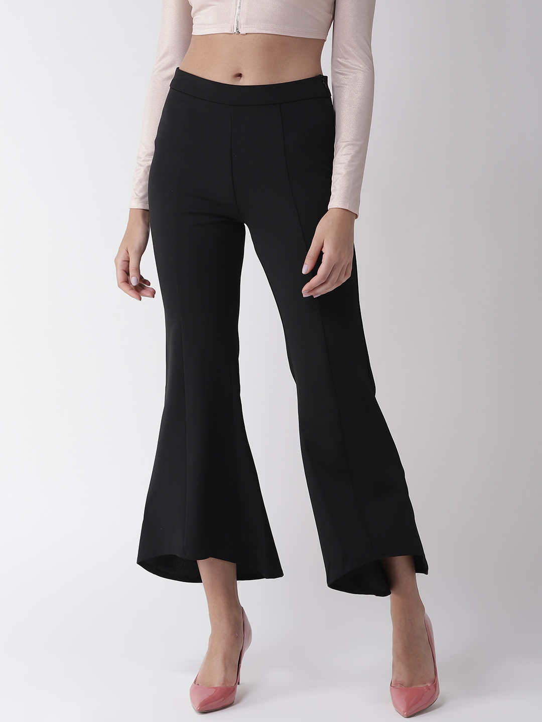 SELVIA Black Regular Fit Mid Rise Bootcut Trousers