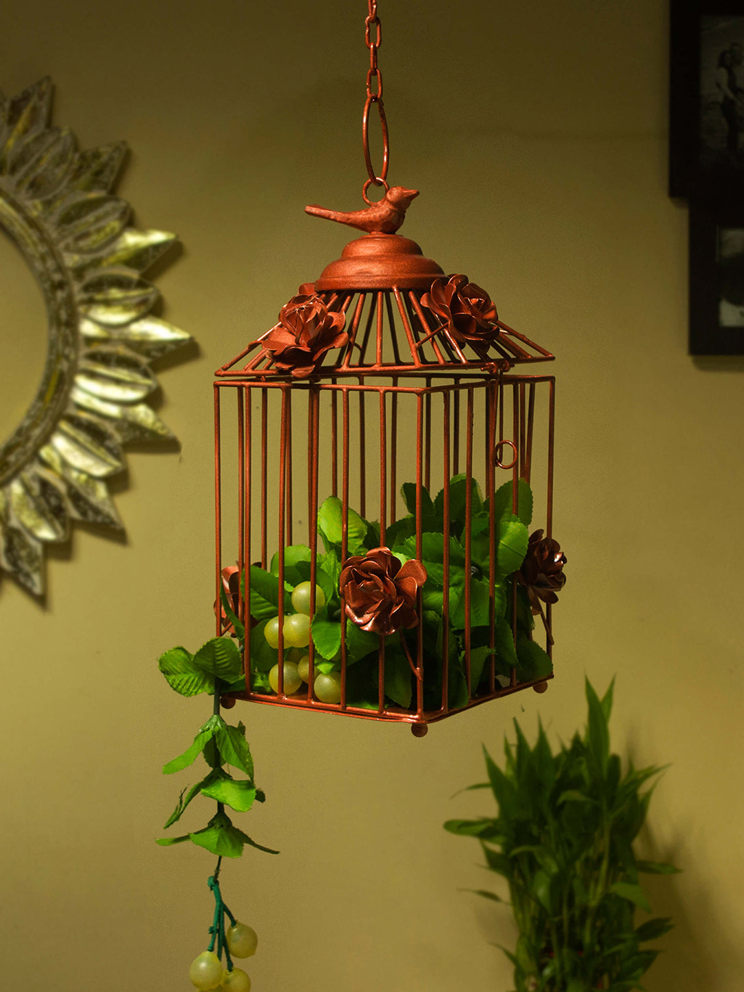 Homesake Hanging Bird Cage Metal Floral Glossy Hall Decorative Bird Cage-12.2In
