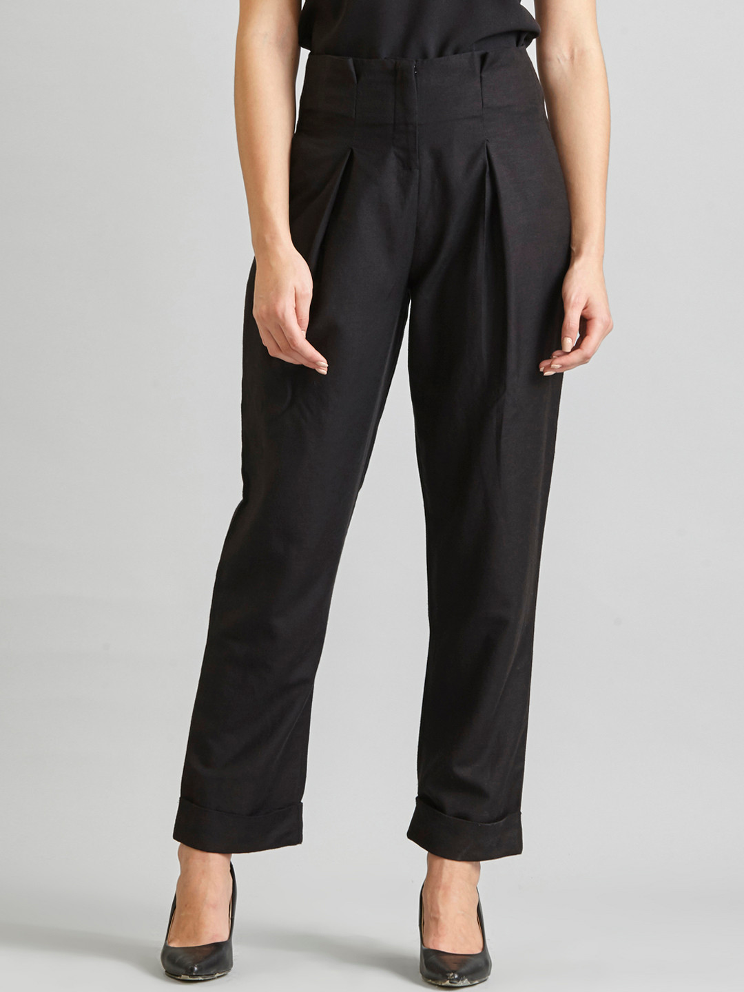 FableStreet Women Black Straight Fit Solid Peg Trousers