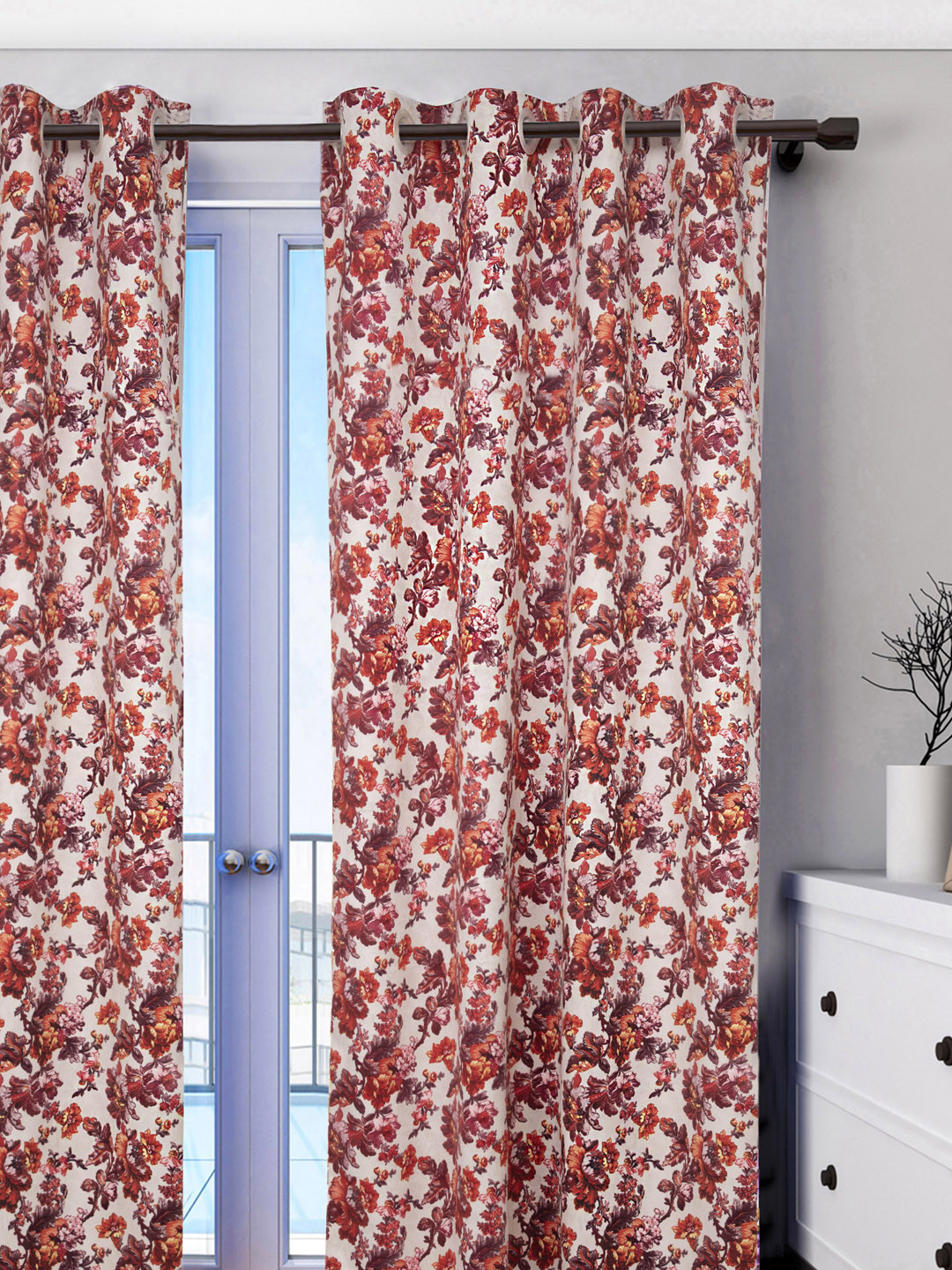 HOUZZCODE Red & Off-White Set of Single Curtain Curtains