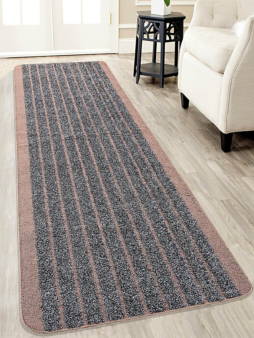 Saral Home Beige & Grey Striped Polyester Anti Slip Runner