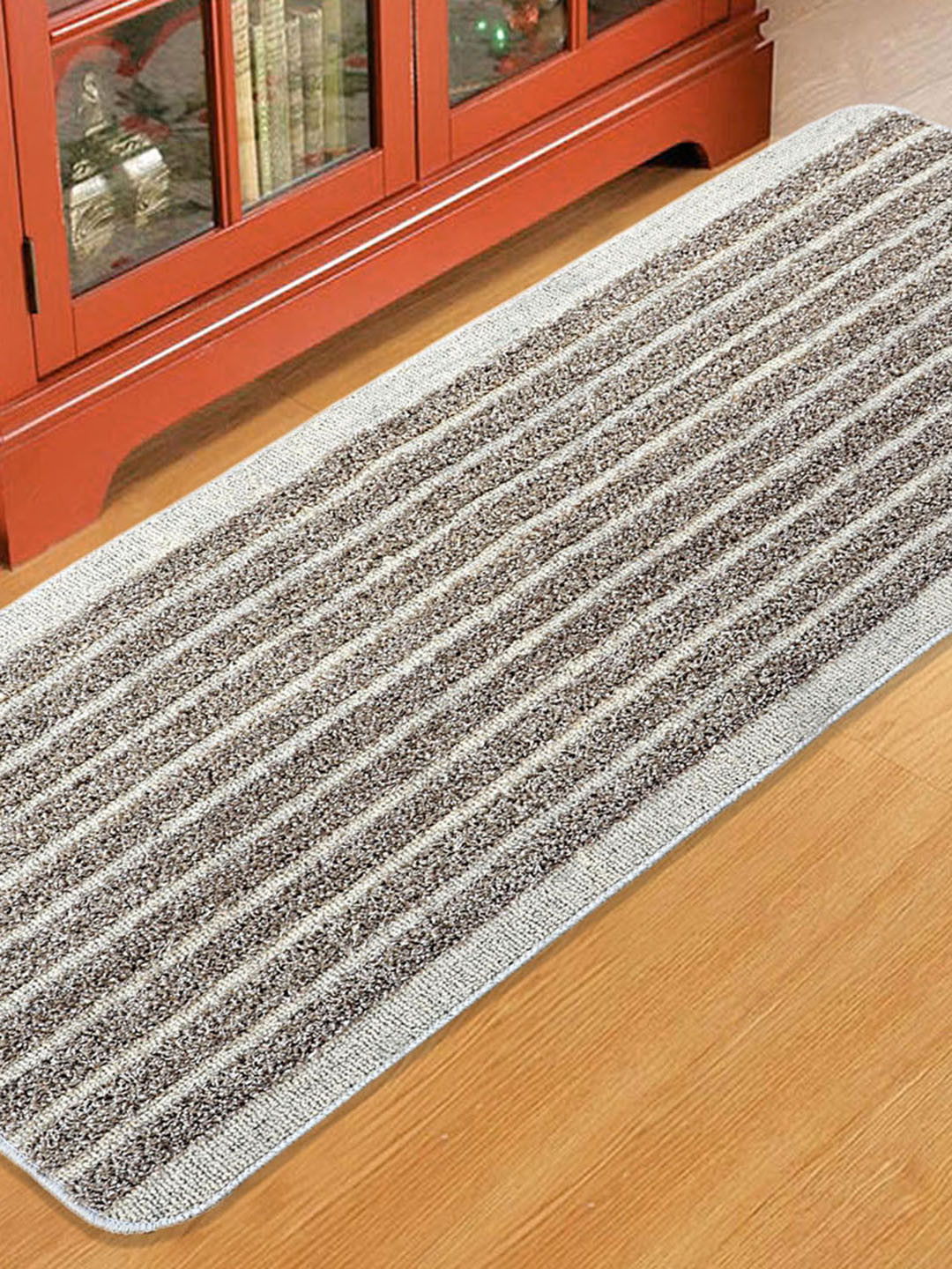 Saral Home Grey Striped Polyester Anti Slip Runner