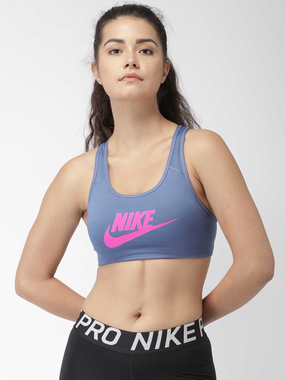 Buy Nike Women Blue Printed Classic Swoosh Futura Dri FIT Training Bra - Bra  for Women 9163837