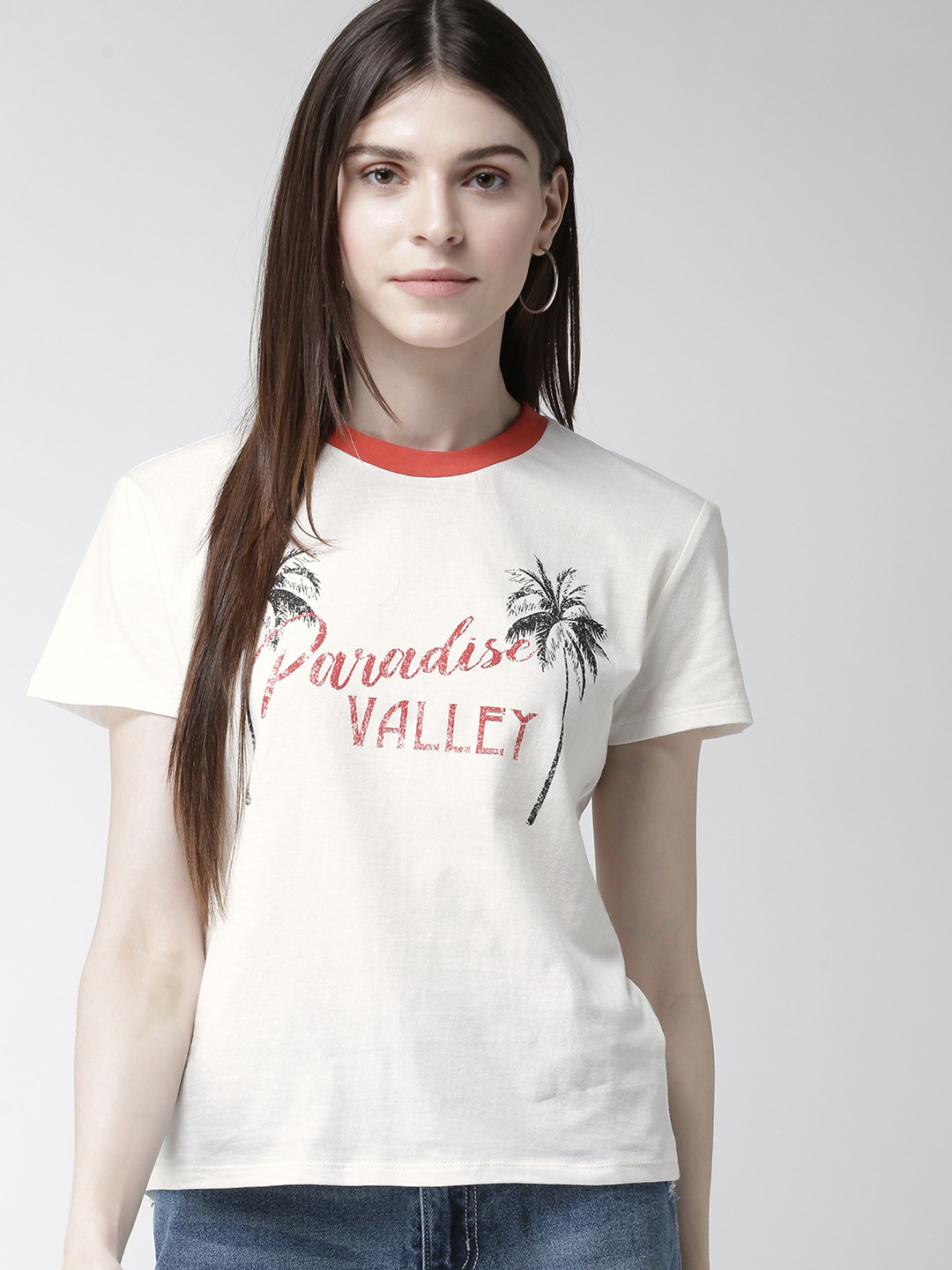 Women Cream Coloured Printed Round Neck 