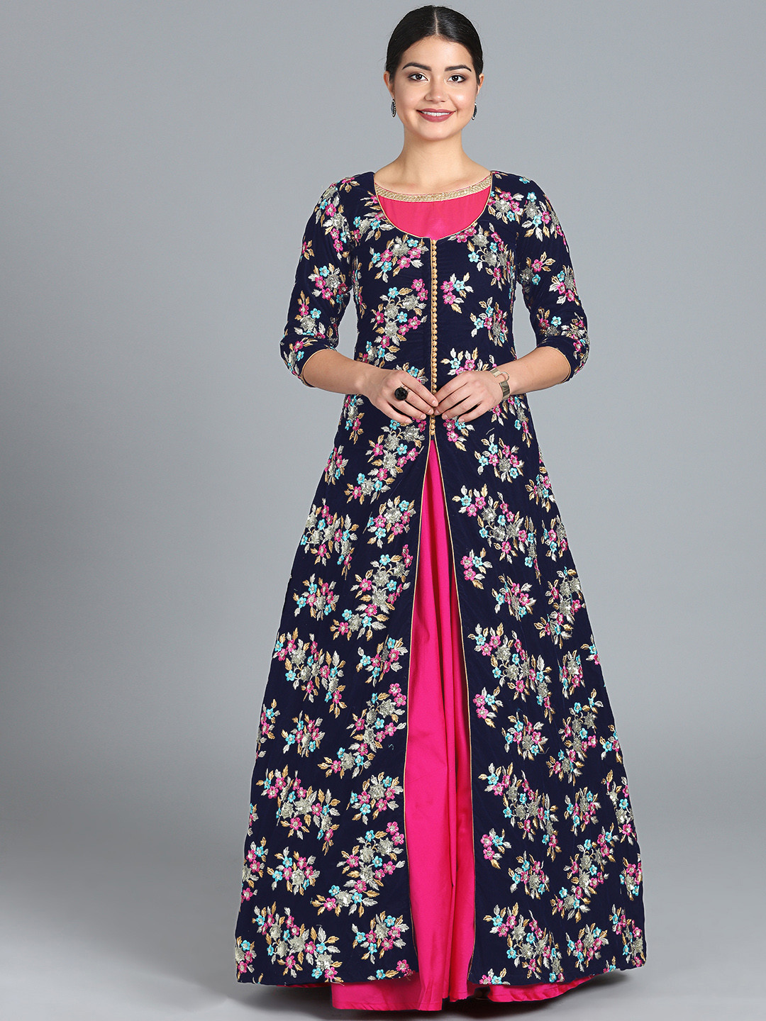 Ethnovog Women Pink  Navy Blue Solid Embroidered Layered Made to Measure Dress