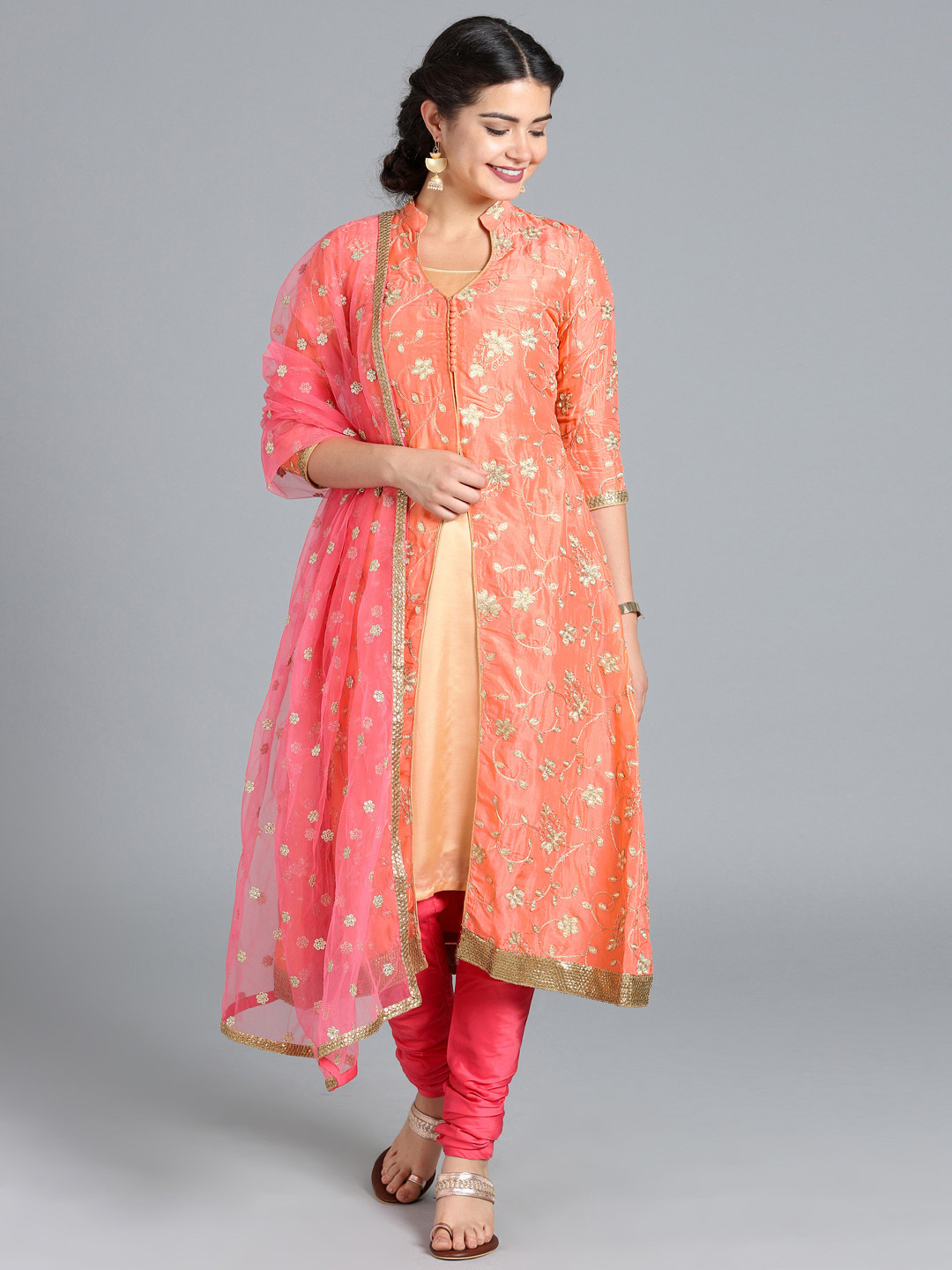 Ethnovog Women Alina Cut Pink, Beige Orange Embroidered Made to Measure Kurta Sets