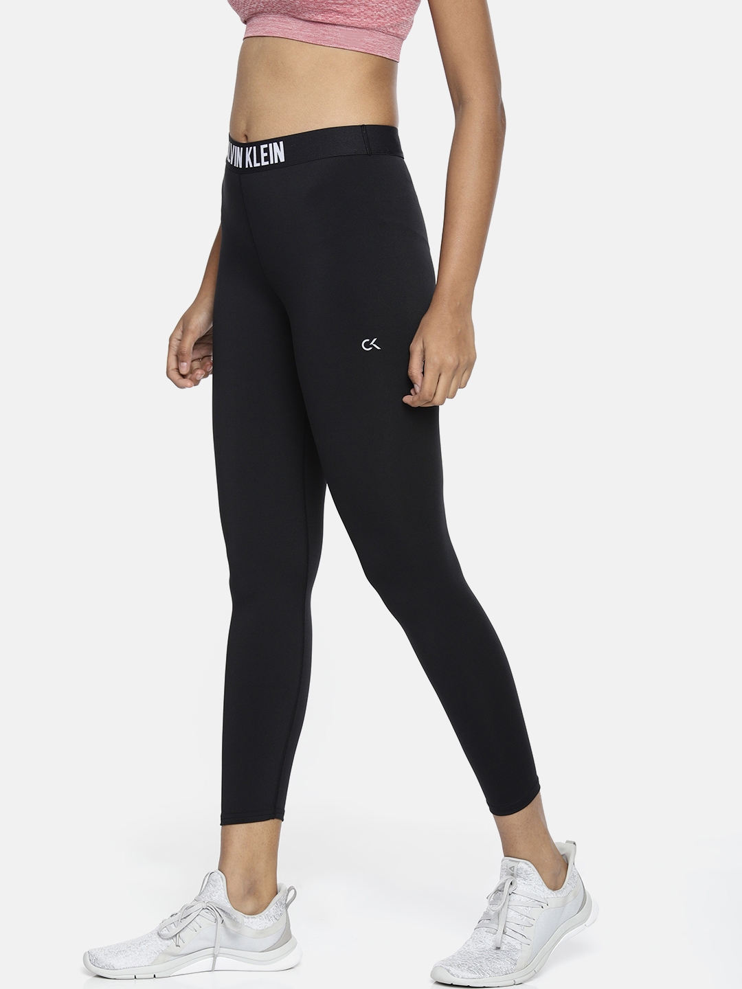 Calvin Klein Jeans Women Black Solid Ck Logo Wb 7/8 Tights