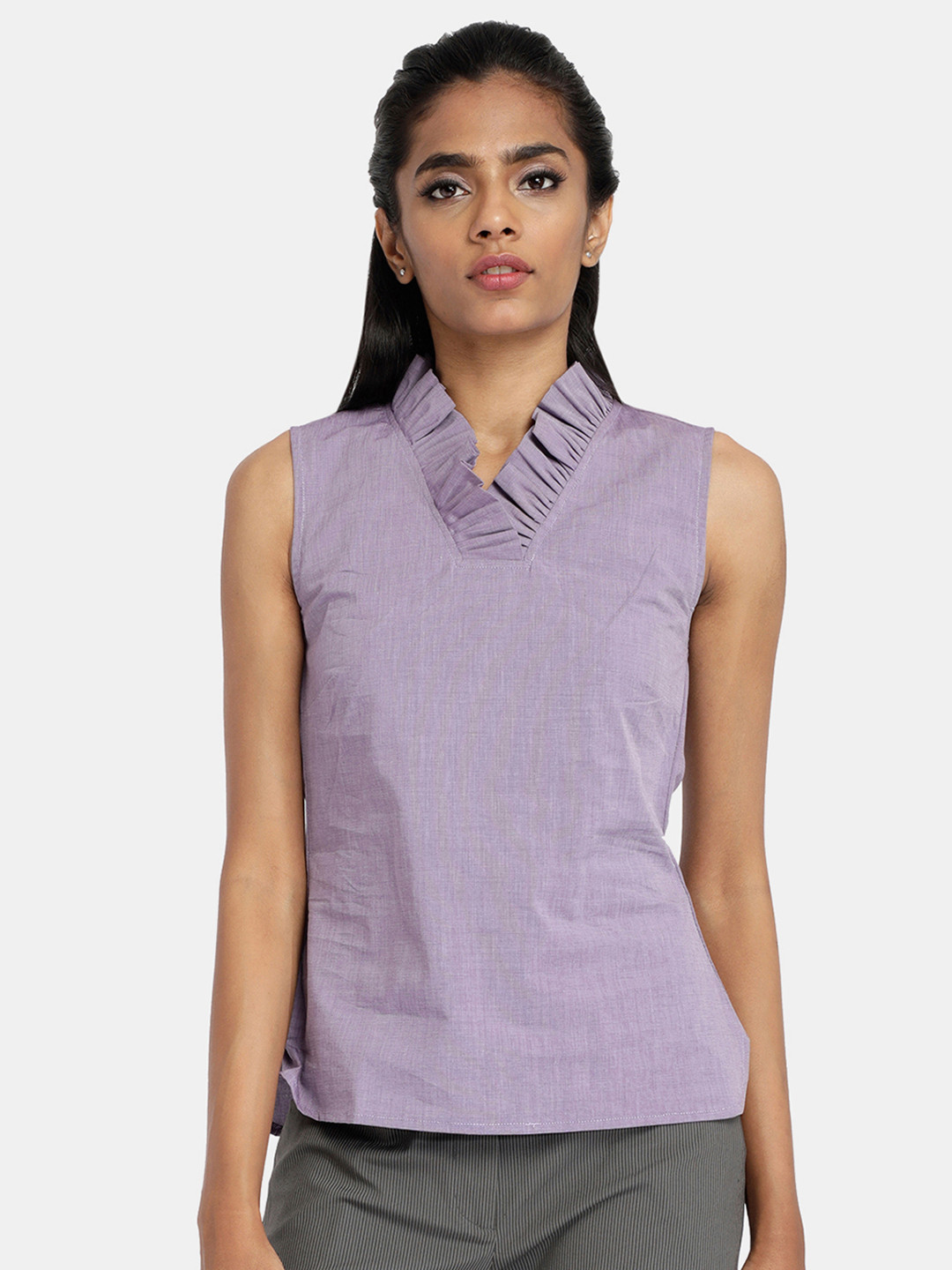 Buy Ombre Lane Women Mauve Solid Ruffle Neck Sleeveless Pure Cotton Top -  Tops for Women 9202201 | Myntra