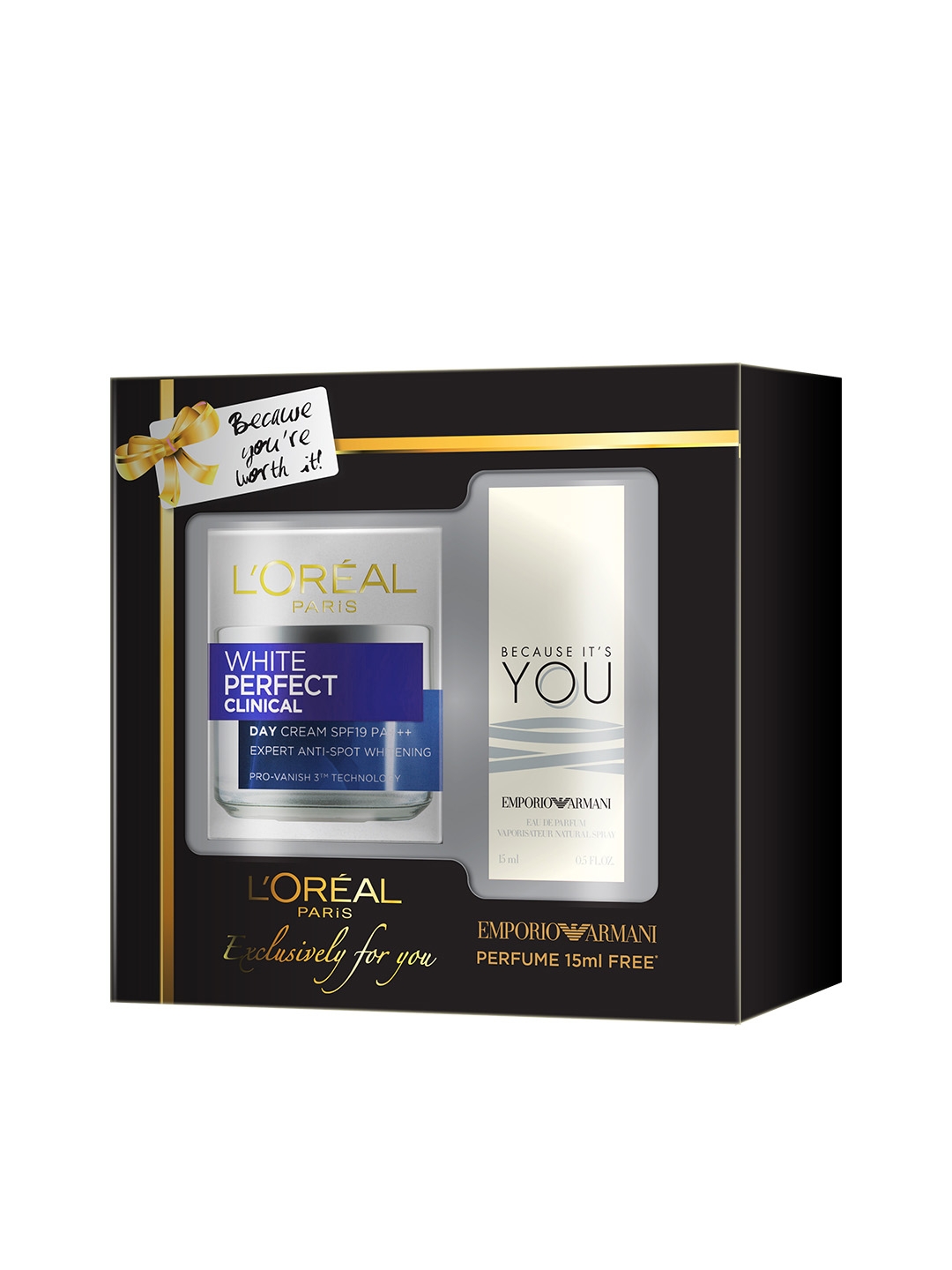 Buy LOreal Paris Set Of White Perfect Clinical SPF 19 Day Cream With Armani  Perfume 50ml +15ml - Face Moisturisers for Women 9202277 | Myntra