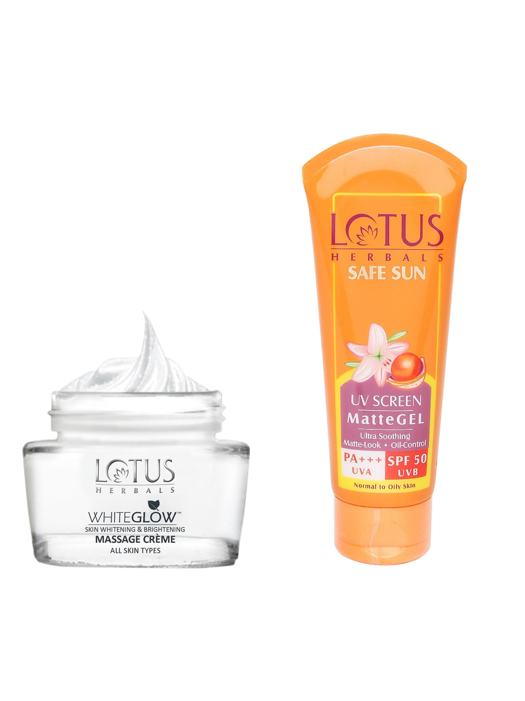 Lotus Herbals Sustainable Set of Safe Sun Matte Gel Sunscreen  Whiteglow Skin Whitening Massage Creme