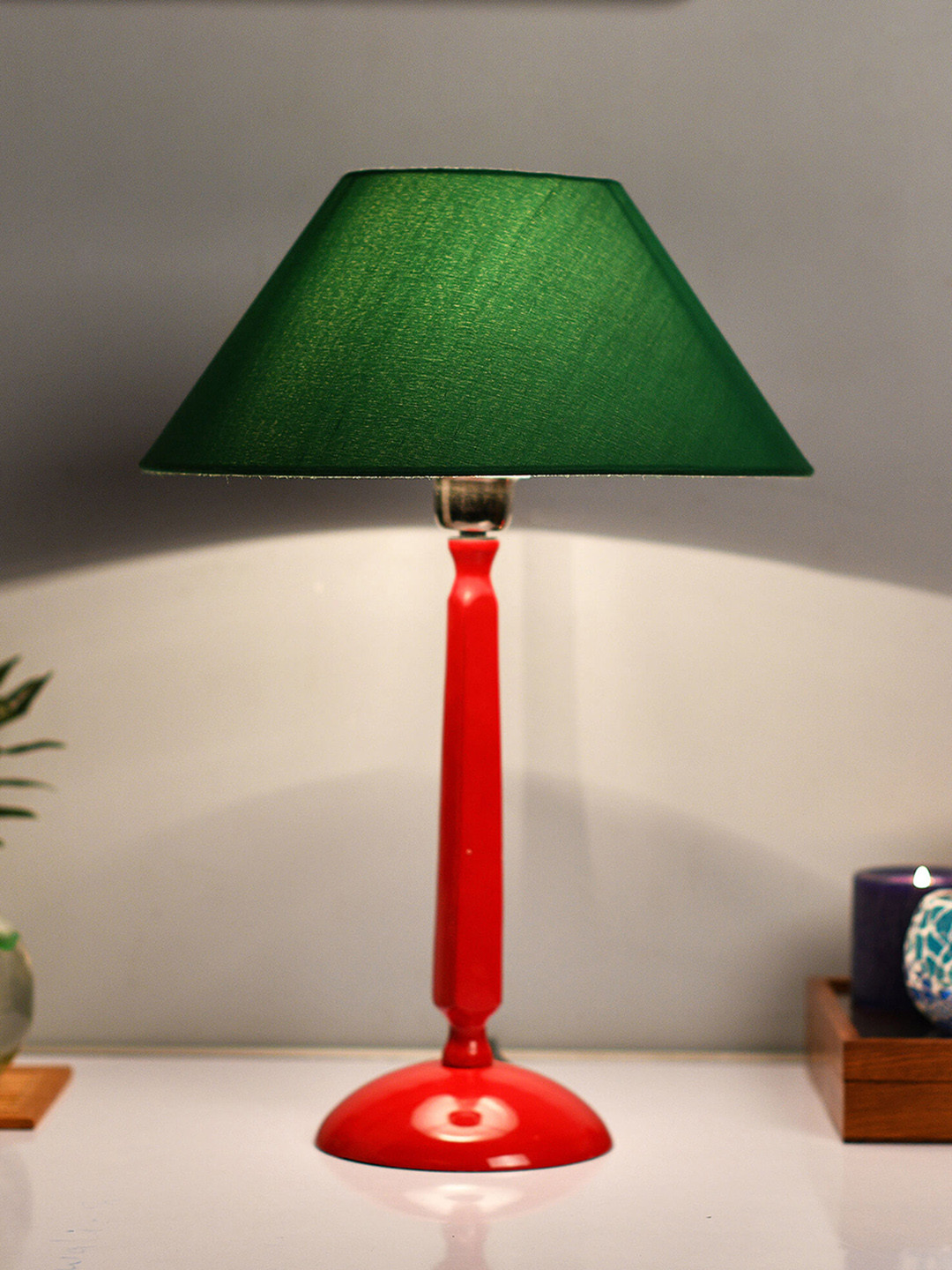 Homesake Red & Green Solid Cubist Aluminium Handcrafted Table Lamp with Shade