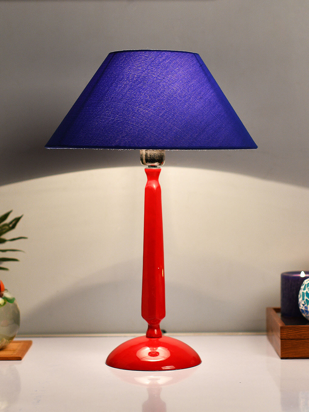 Homesake Red & Blue Solid Handcrafted Bedside Standard Table Lamp with Shade
