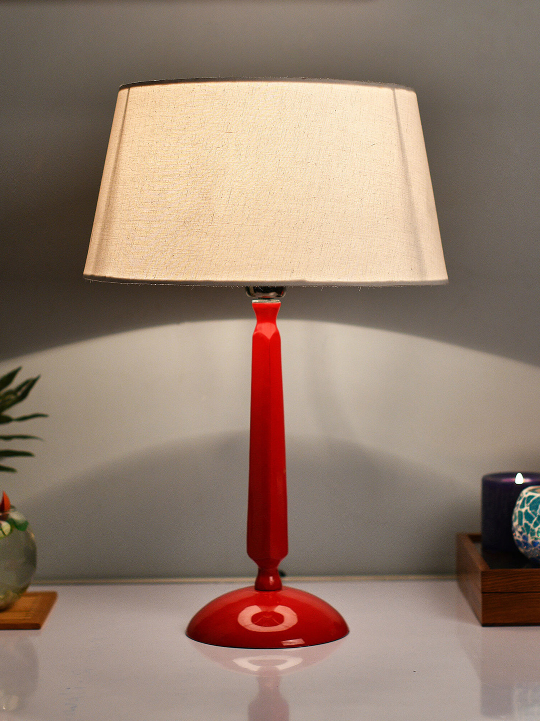 Homesake Red & White Solid Handcrafted Bedside Standard Lamp