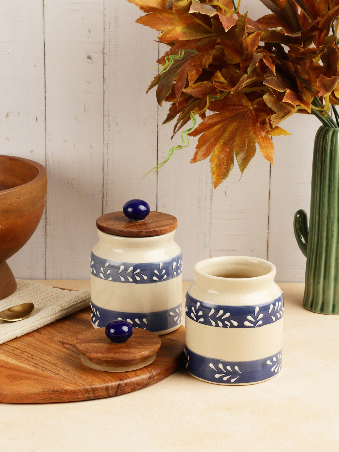 Vareesha White Leaf Ceramic Hand-Painted 2 Piece Flip Top Canister-500ml