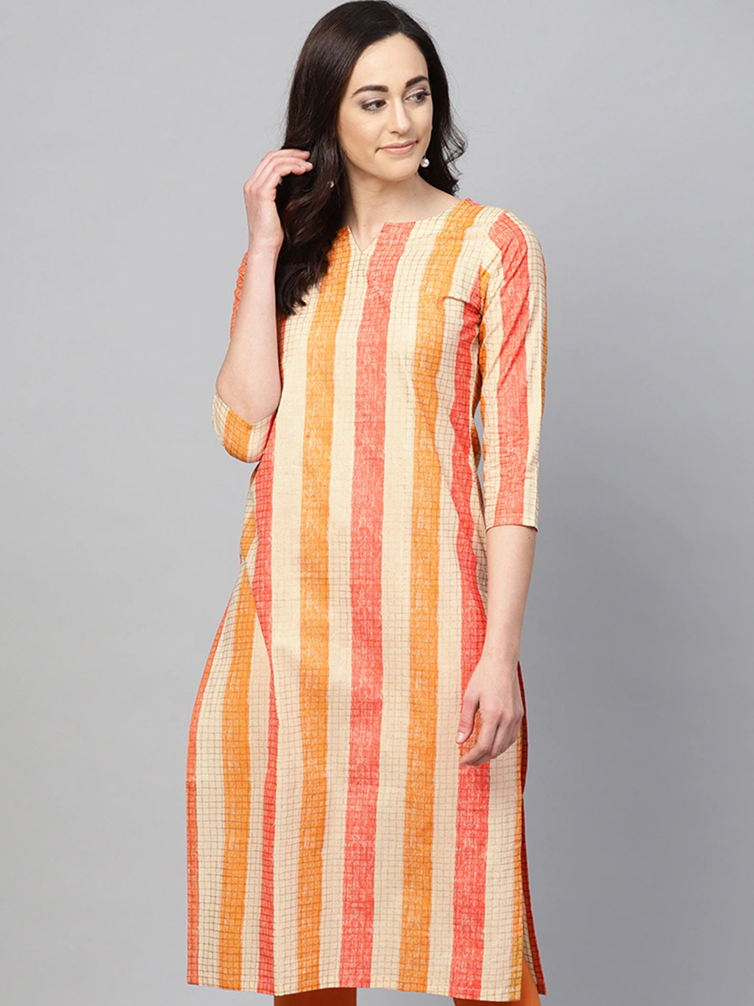 AHIKA Cream-Coloured & Coral Orange Equal Striped Straight Kurta