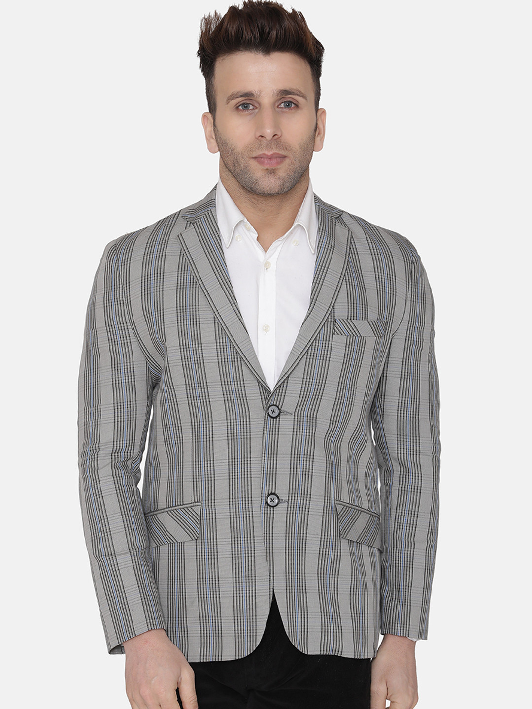Wintage Men Silver-Toned Checked Regular-Fit Single-Breasted Pure Cotton Blazer