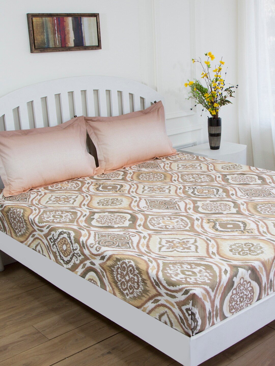 GM Gmf Fiesta Beige Ethnic Motifs Cotton 180 TC Queen Fine Bedsheet with 2 Pillow Covers-90 x 108 inches
