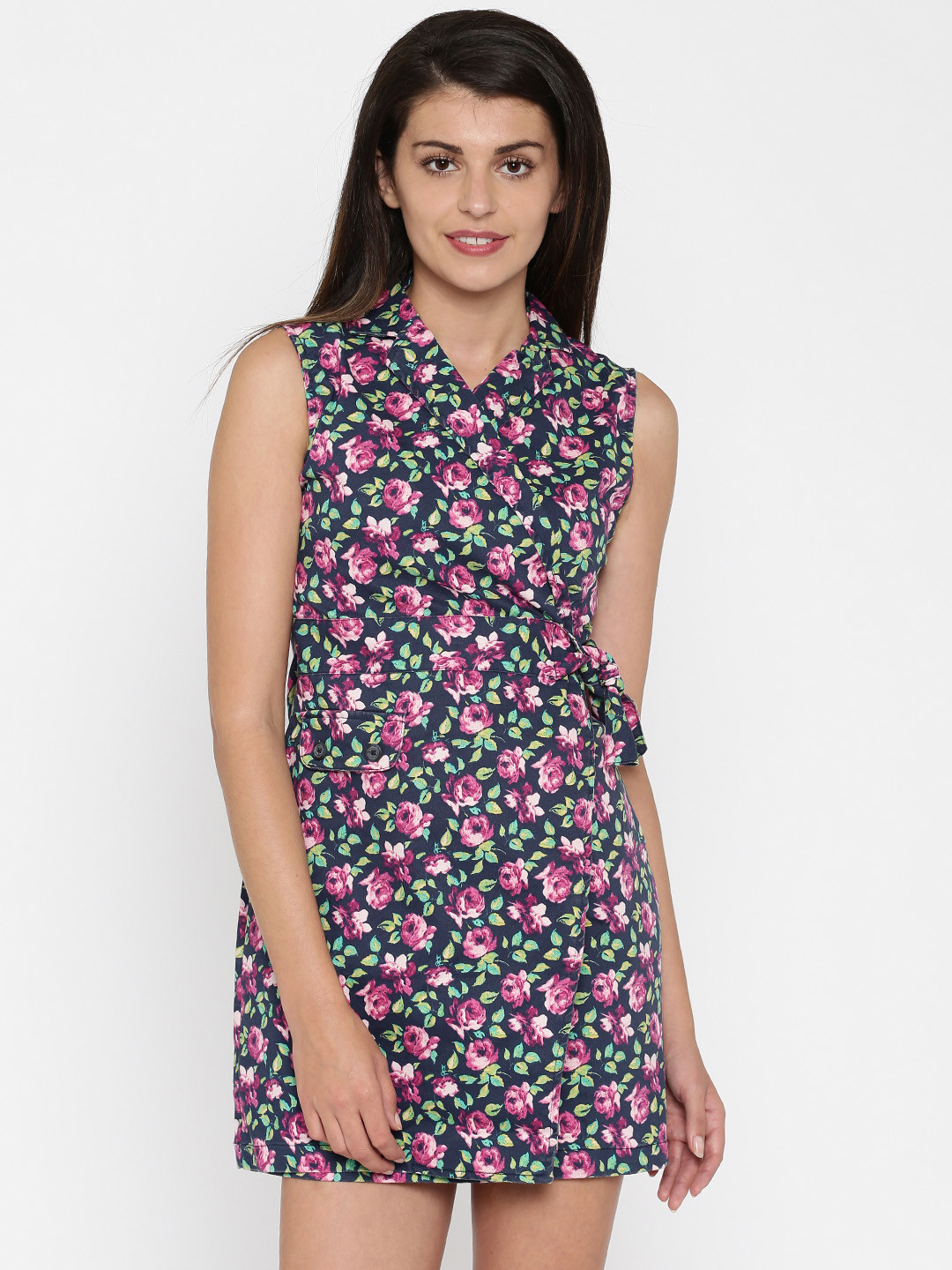 Tokyo Talkies Navy Floral Printed Wrap Dress