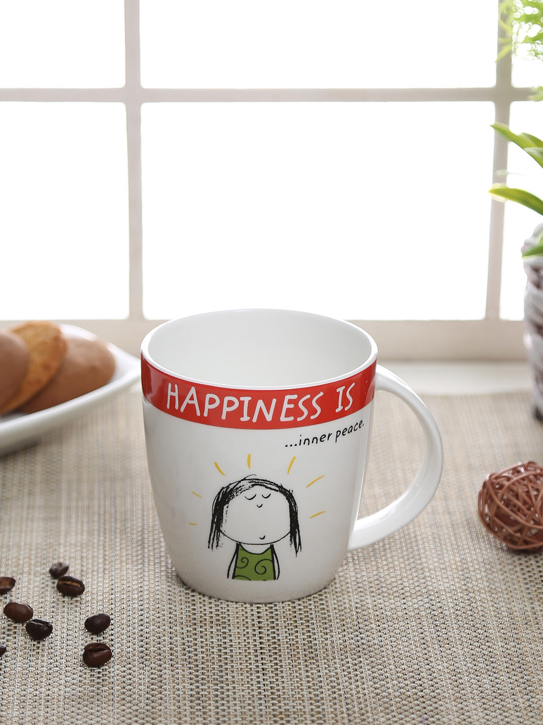 CLAY CRAFT Set of 2 White & Red Printed Ceramic Coffee Mugs