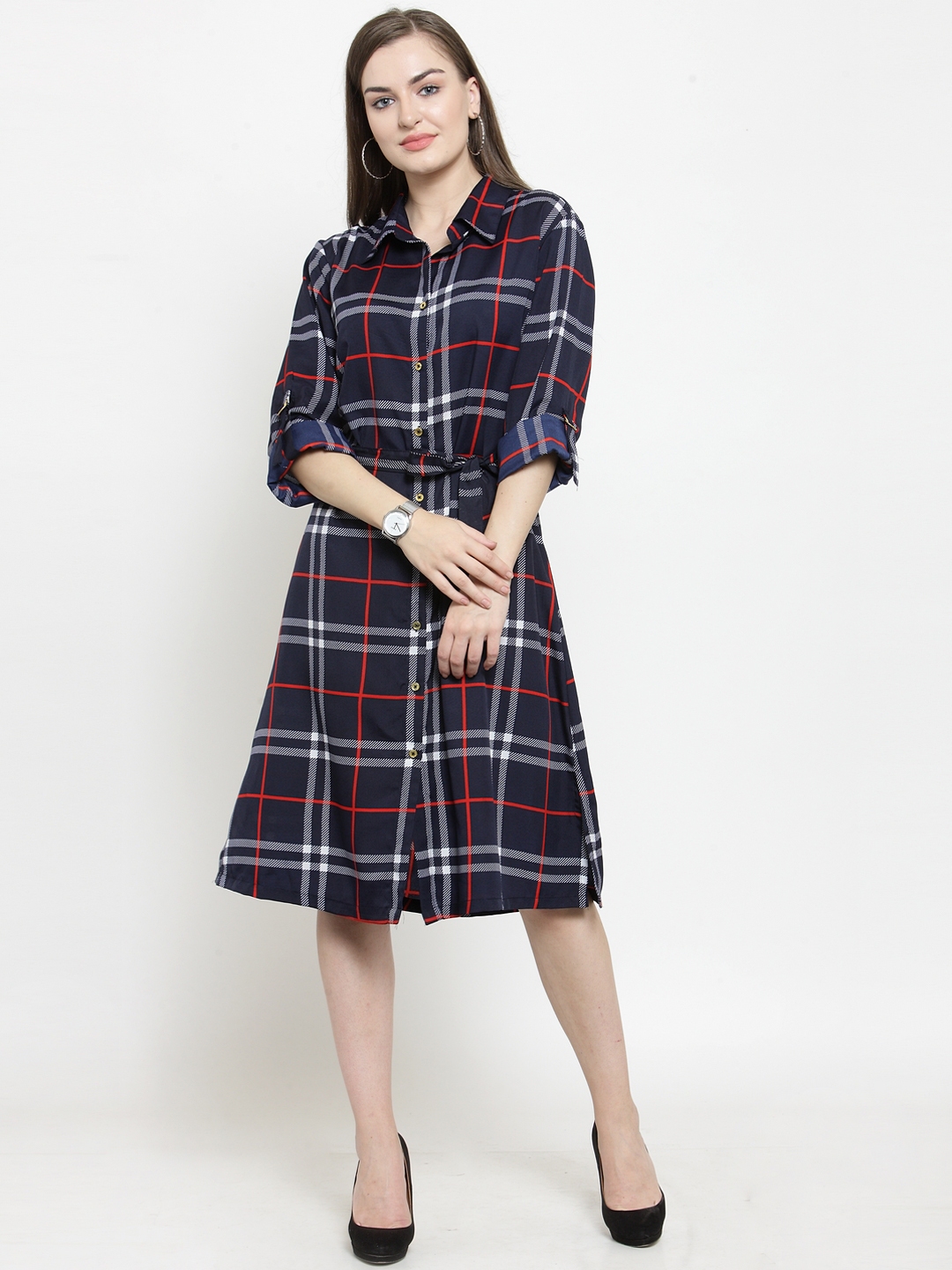 blue check shirt dress