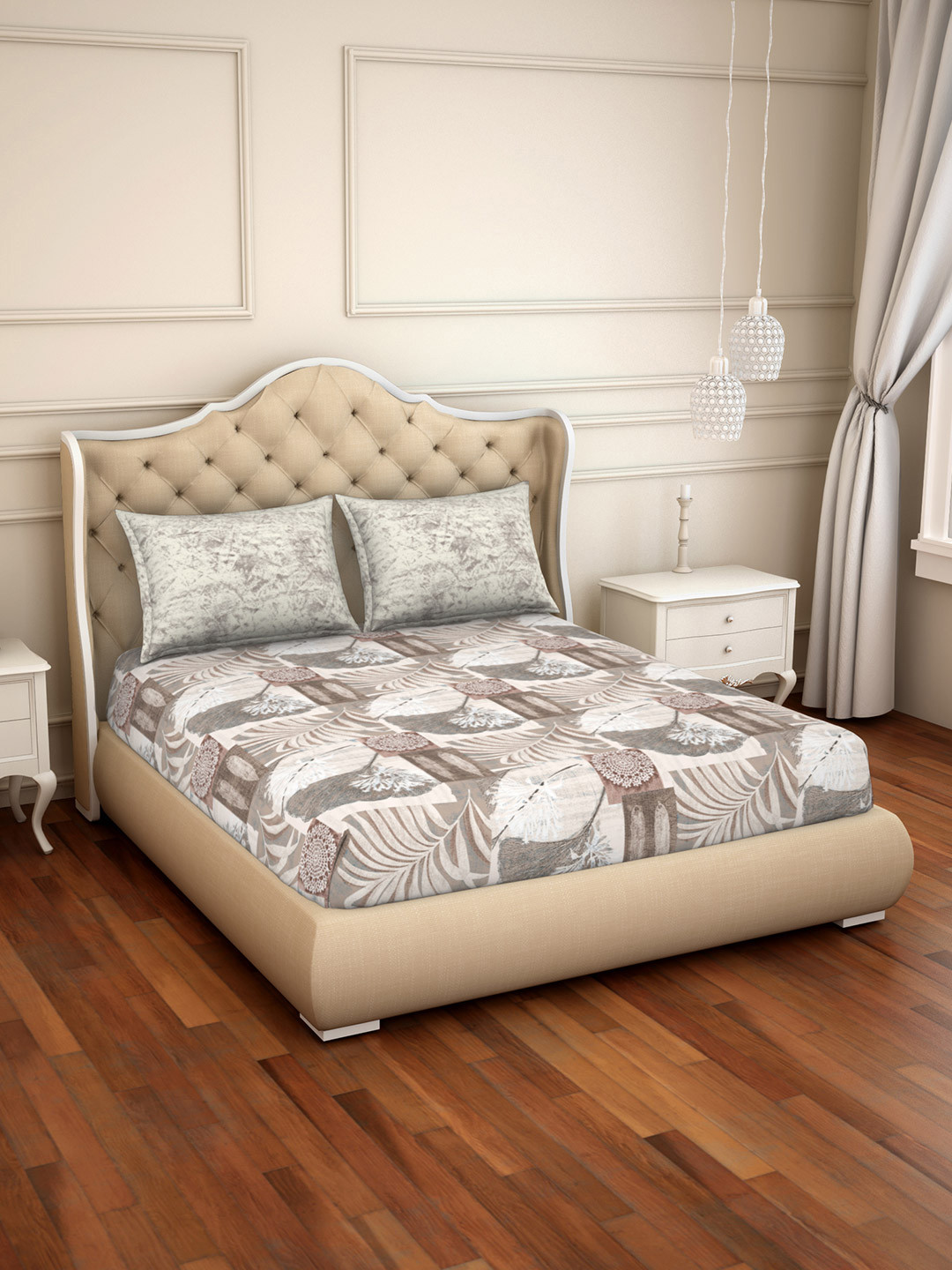 SPACES Grey & Beige Floral 144 TC Cotton 1 Queen Bedsheet with 2 Pillow Covers