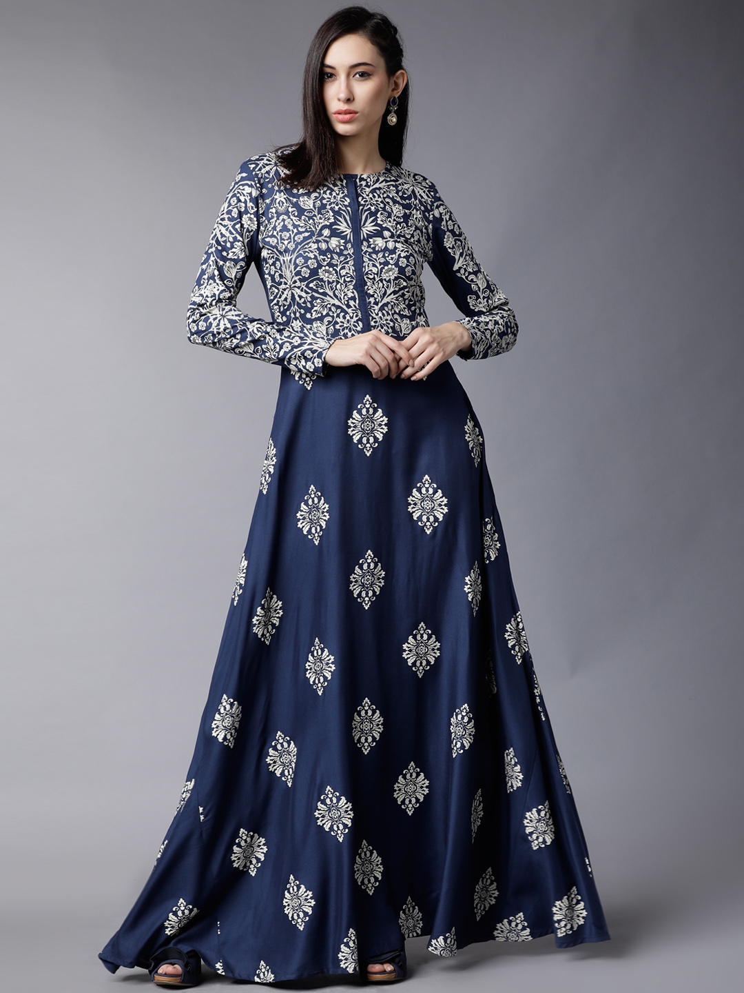 vishudh navy blue printed maxi dress