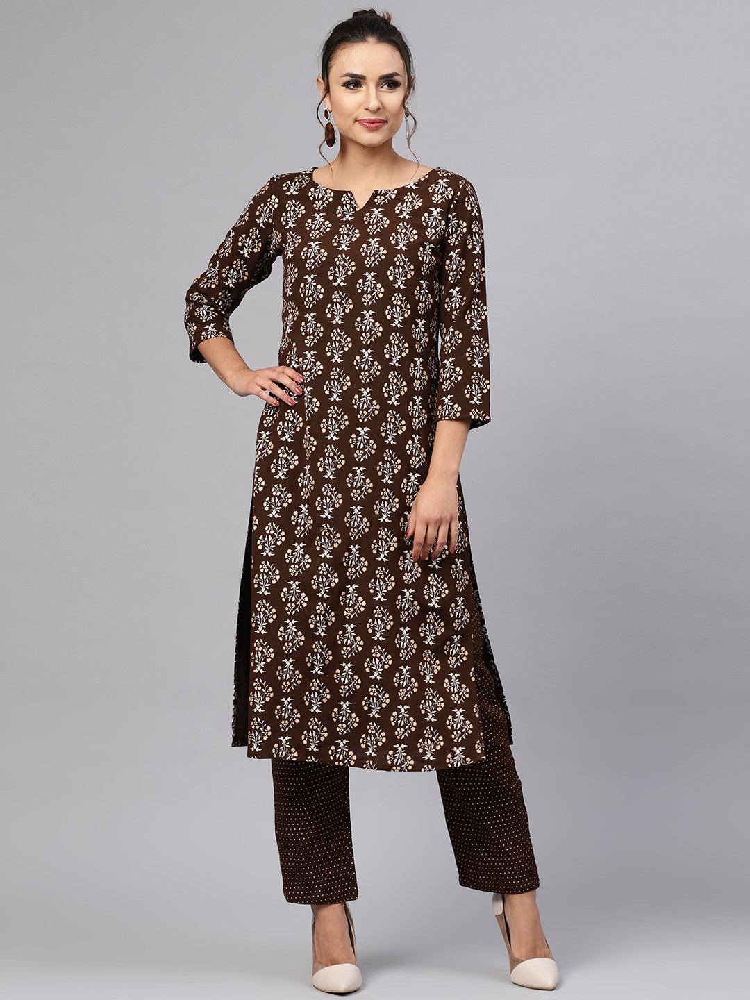 anayna Women Coffee Brown & Golden Printed Kurta with Trousers