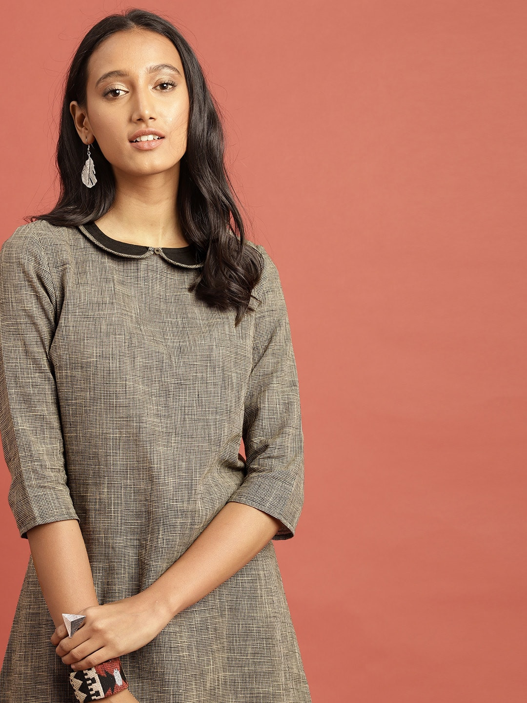 Taavi Women Black & Beige Woven Legacy Straight  Kurta with Peter Pan Collar