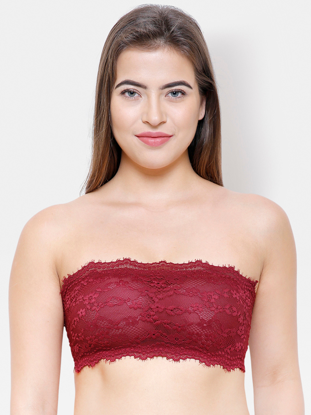 FashionRack Maroon Lace Non-Wired Lightly Padded Bandeau Bra 8043