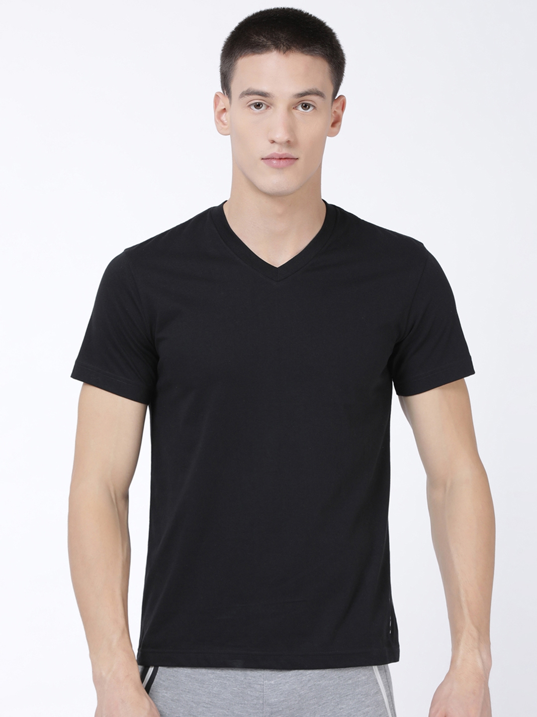 Black Solid Pure Cotton V Neck T Shirt 