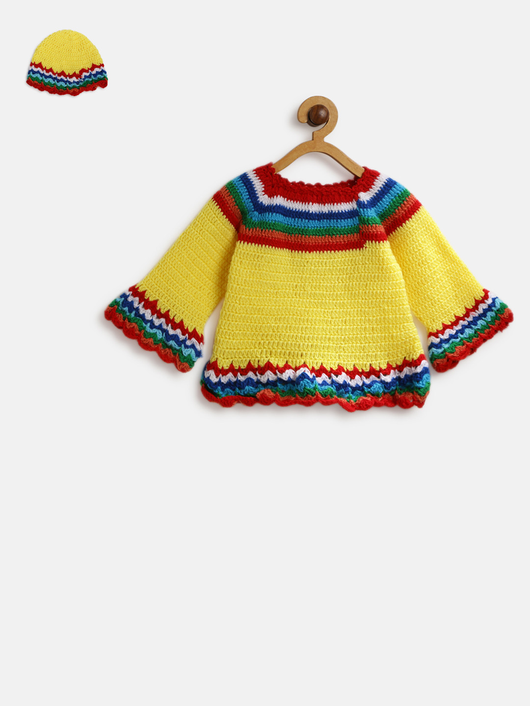 CHUTPUT Kids Yellow Self-Design Woollen Pullover with Beanie