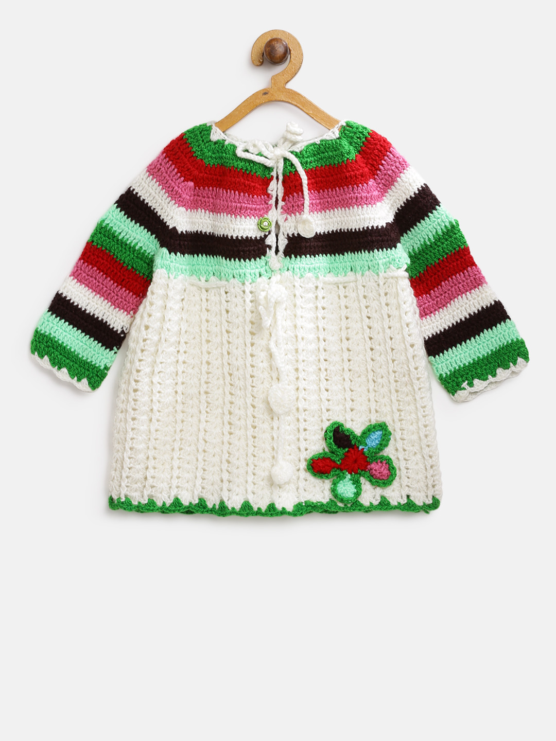 CHUTPUT Girls Off-White & Green Open Knit Sweater Dress