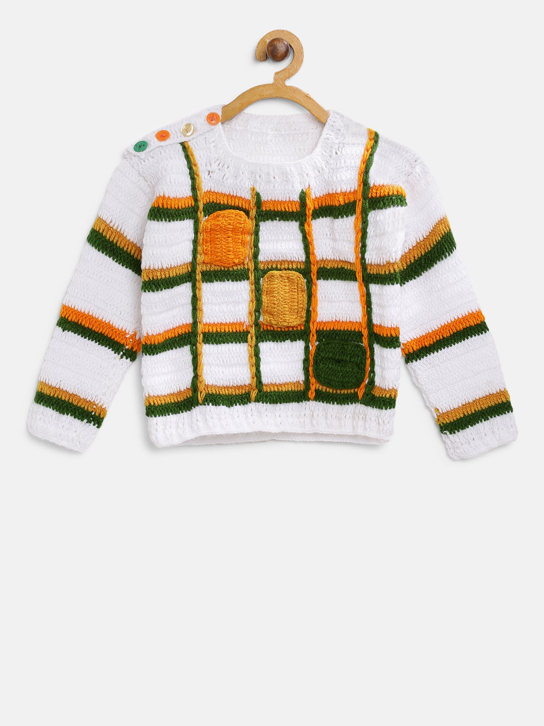 CHUTPUT Kids White & Green Woollen Checked Sweater