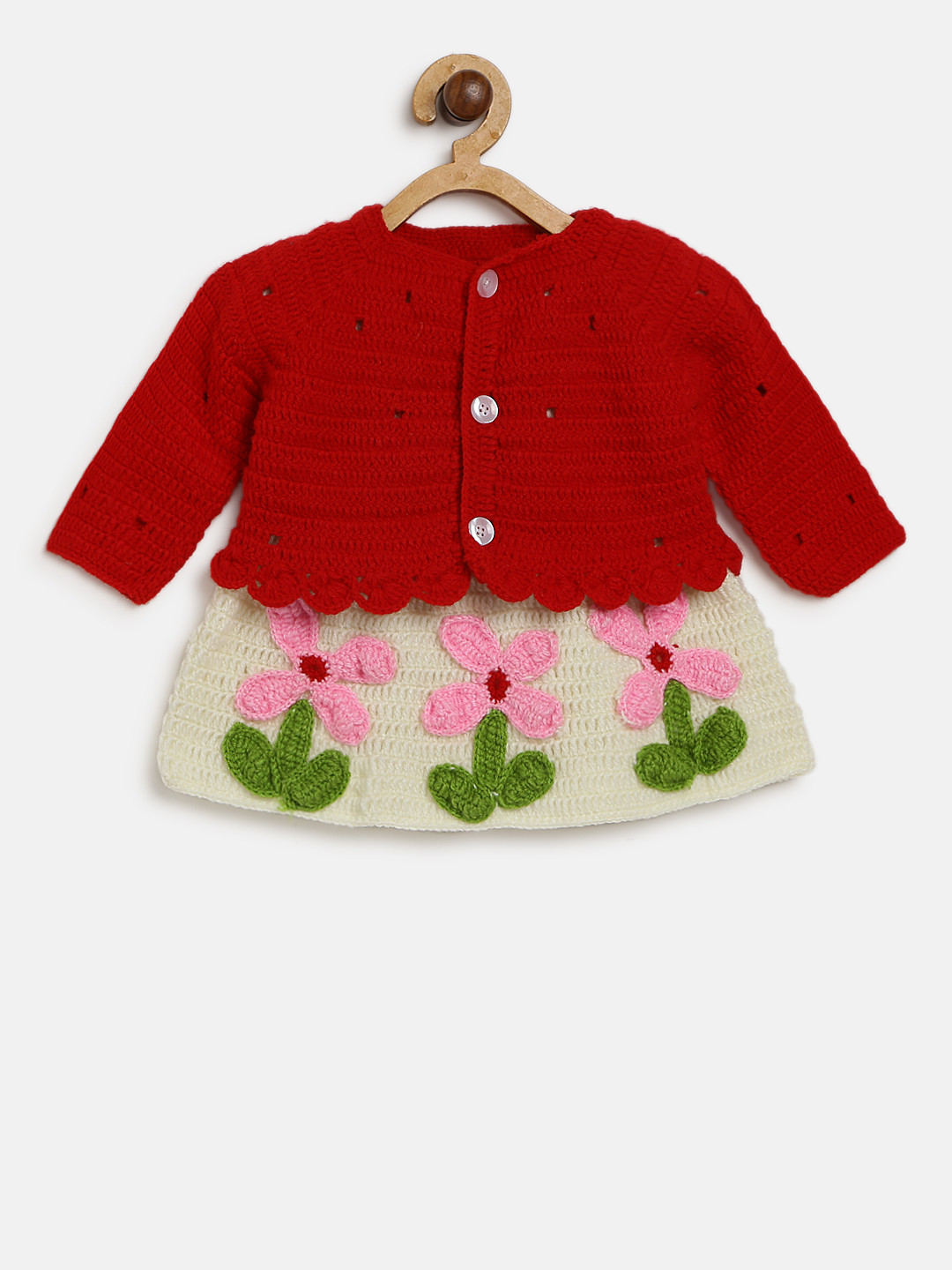 CHUTPUT Girls Cream-Coloured  Woollen Self Design Sweater Dress with Cardigan