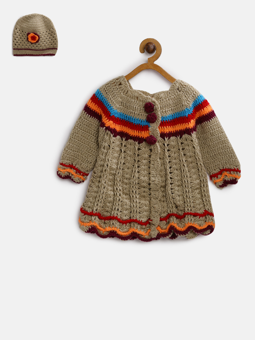 CHUTPUT Girls Beige Self Design Woollen Sweater Dress with Beanie