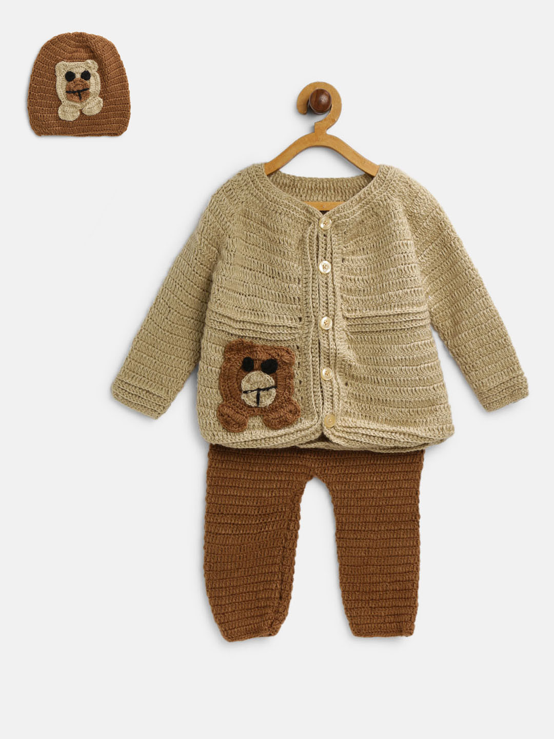 CHUTPUT Unisex Brown & Beige Self Design Cardigan with Trousers