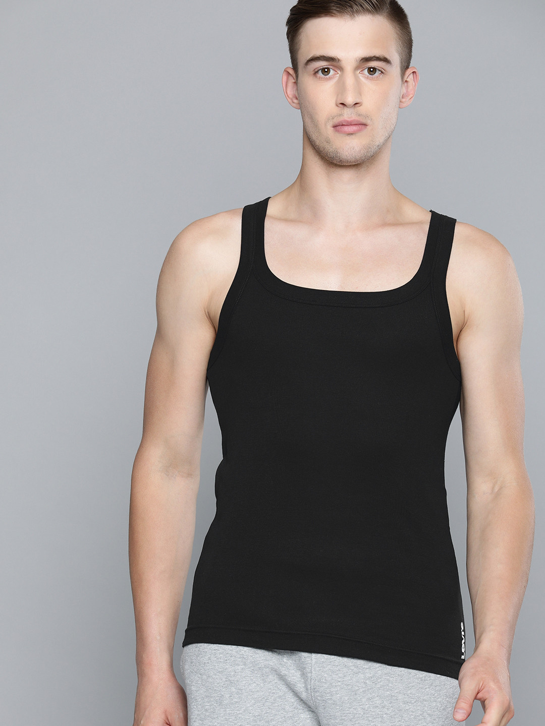 Levis Men Solid Square Neck Sleeveless Pure Cotton Rib Easy Tuck Sports Vest