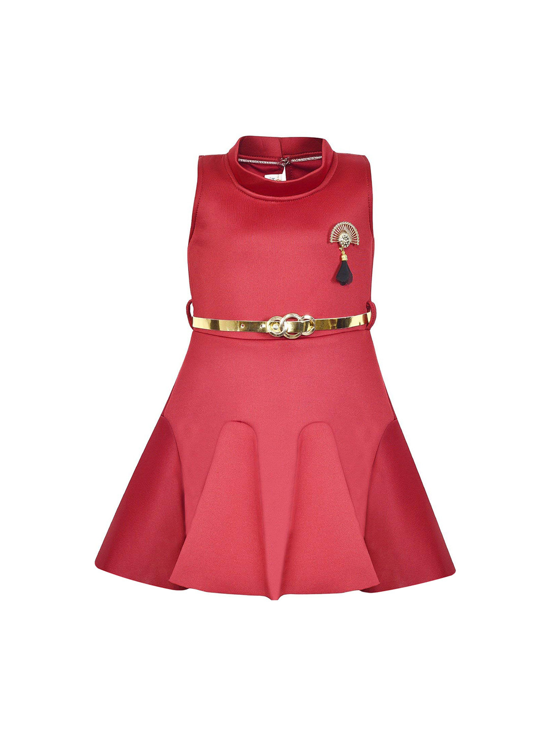 Wish Karo Girls Red Solid Silk Fit and Flare Dress