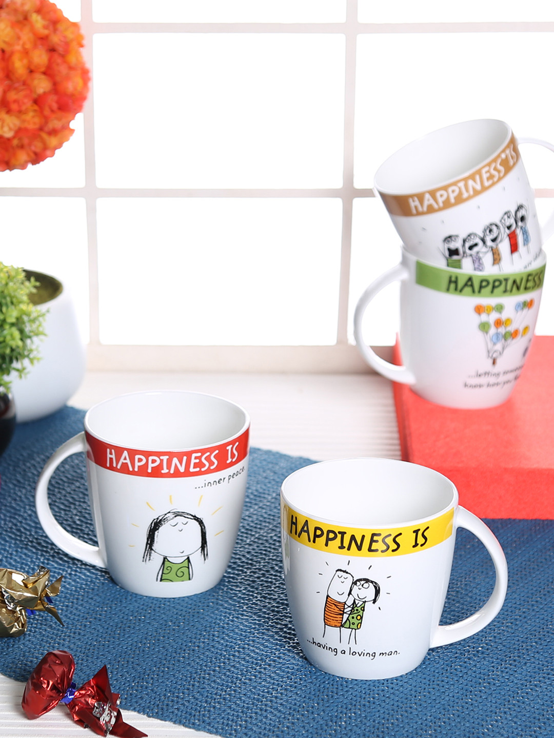 CLAY CRAFT Multicoloured 4-Pieces Printed Ceramic Coffee Mugs